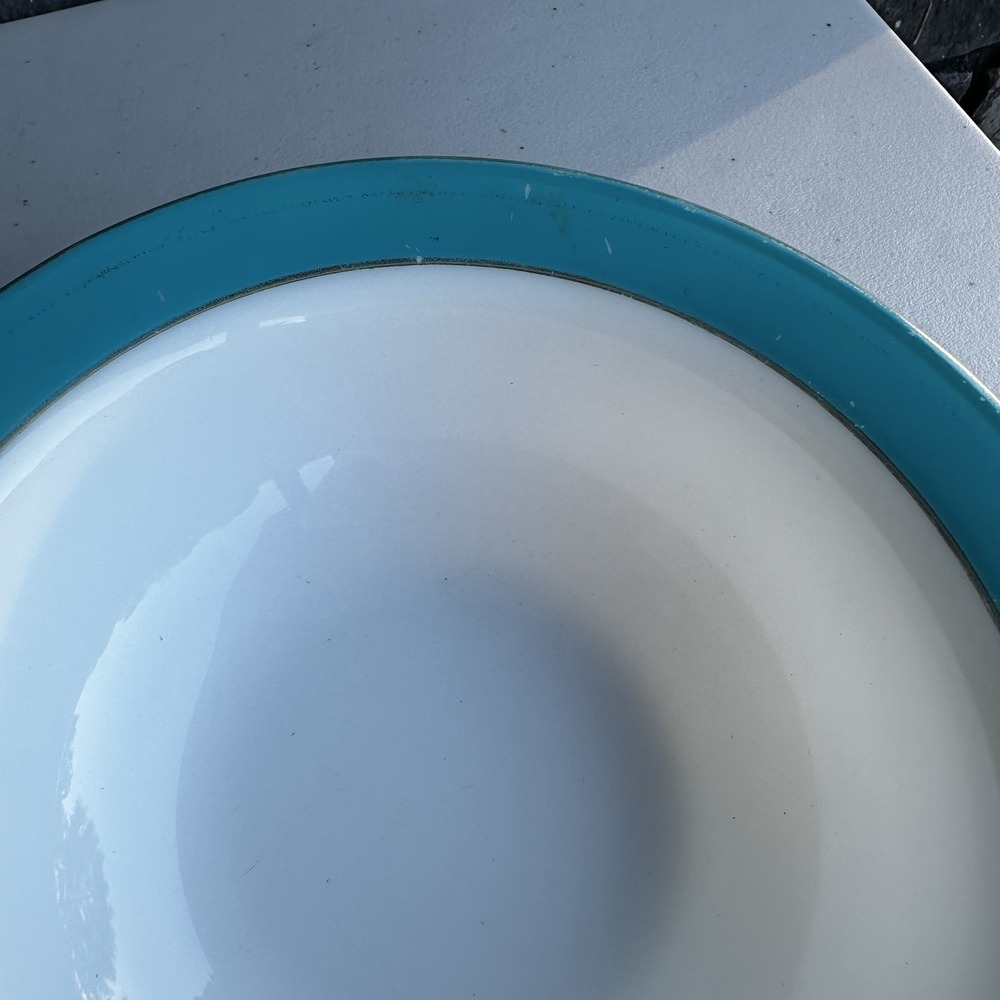 Vintage Pyrex Milk Glass & Turquoise Blue Band Rim Salad Serving Bowl 9" Cottage - Picture 7 of 7